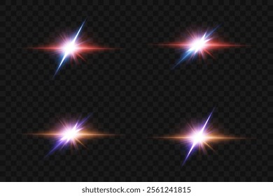 Collection of light effects, flash of light stars, glare explosion.