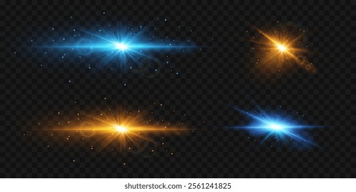 Collection of light effects, flash of light stars, glare explosion.