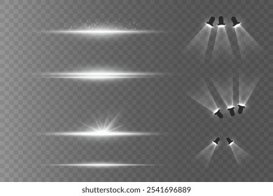 Collection of light effects and flashes, spotlight and lamp light, light lines and stars. Vector illustration EPS10