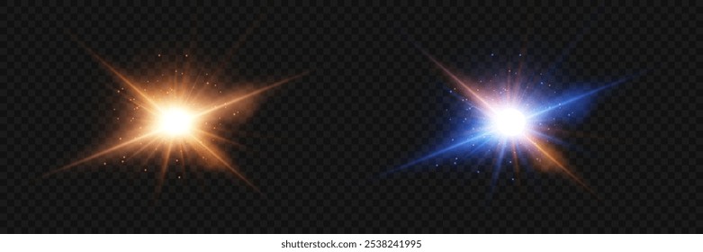 Colección de efectos de luz y resplandor, destello de estrella, brillo mágico. Sobre un fondo transparente.
