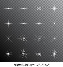 Collection of light effects: glints (sparkles) as reflection of light from brilliant, glass objects and light flares. Vector transparent illustration