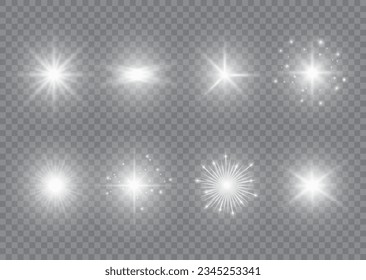 Collection of light effects sparkling stars, twinkling and flashing lights on transparent background. Isolated decorative design element for new year, Christmas, birthday, party, celebrate. Vector 