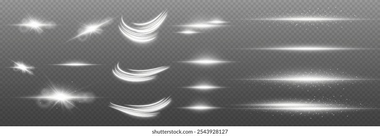 Colección de efectos de luz, luz de rastro, destello de línea, explosión de estrella. Sobre un fondo transparente.