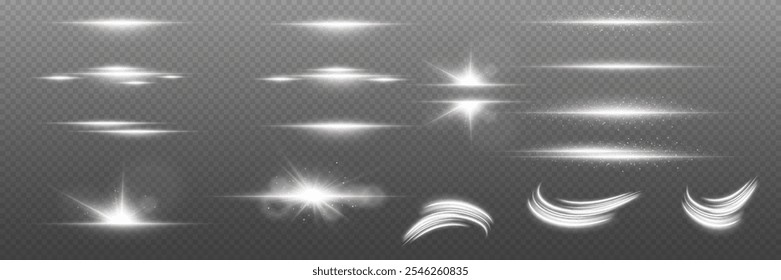 Colección de efectos de luz, luz de rastro, destello de línea, explosión de estrella. Sobre un fondo transparente.