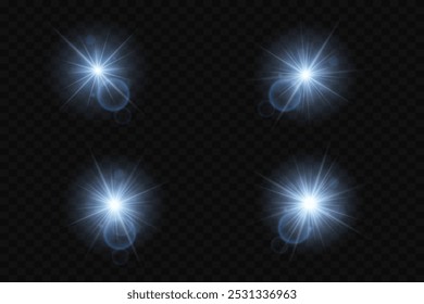 Collection of light flares, flash of stars and light. On a transparent background.