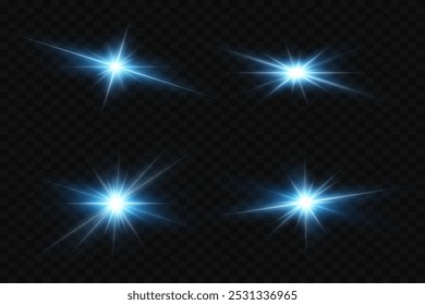 Collection of light flares, flash of stars and light. On a transparent background.