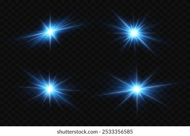 Collection of light flares, flash of stars and light. On a transparent background.