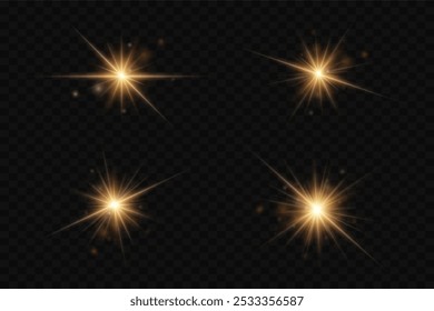 Collection of light flares, flash of stars and light. On a transparent background.