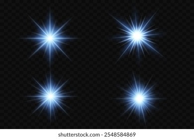 Collection of light flares, flash of stars and light. On a transparent background.
