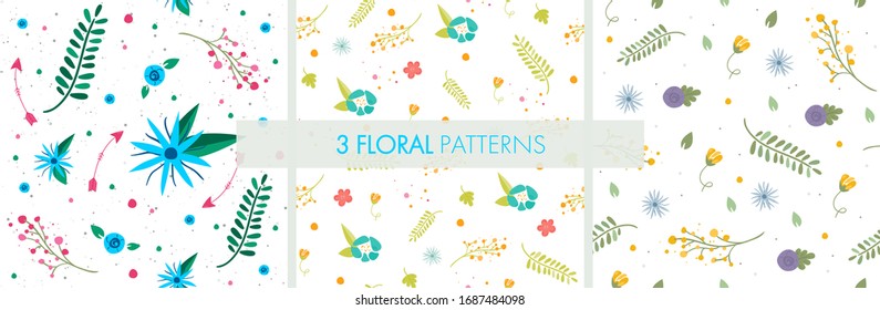 Collection of light floral patterns with flowers and leaves. Ideal for use as a print on fabrics, clothes, dresses, wallpapers, invitations, wrapping paper, postcards and more