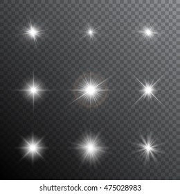 Collection of light and glowing effects. Shining stars, sparkles, flares, flashes, etc. Vector illustration