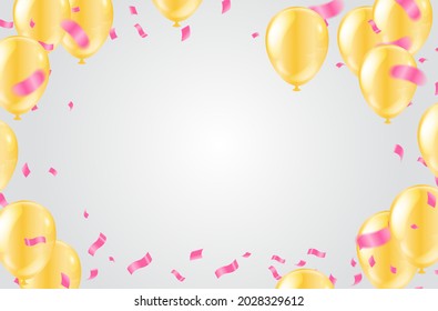 Collection of light gold balloons flying in a row. Isolated on background