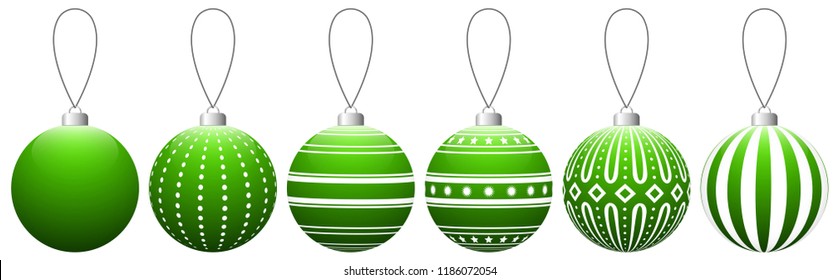 Collection of light green glass Christmas balls with pattern hanging on a thread. Vector EPS 10