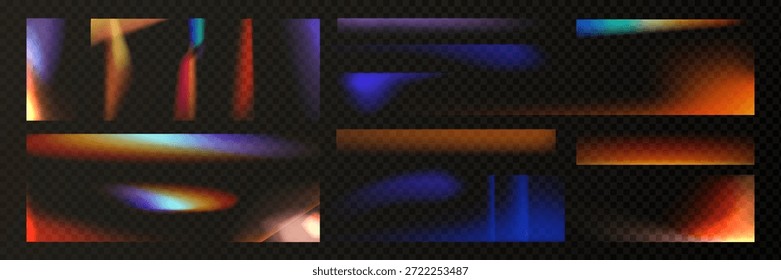 Kollektion von Lichtleckeffekten auf transparentem Folienhintergrund. Vektorrealistische Illustration von subtilem Rot, Orange, blauem Rauschen Overlay, Farbverlauf-Textur für Retro-Fotobearbeitung, Vintage-Filter