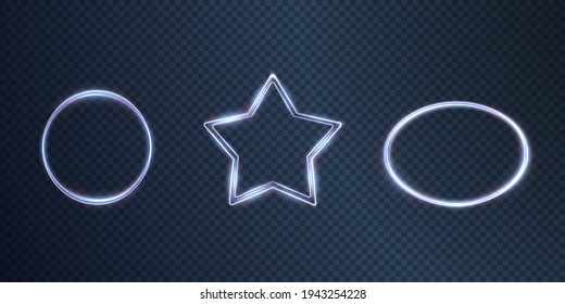 Collection Of Light Neon Frames.
Circle, Oval, Star.
Festive Blue Light Strokes. Isolated On A Transparent Black Background. Light Neon Pedistal, Podium, Platform, Table.
Vector PNG.