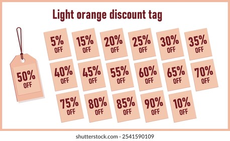 Una vibrante colección de etiquetas de descuento de color naranja claro que muestran varios porcentajes de descuento, perfecto para mejorar las promociones