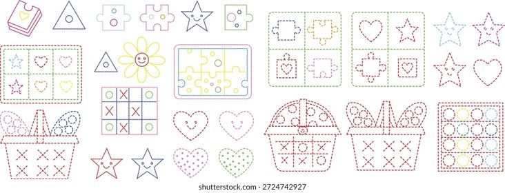 Collection of light pastel colored doodle outline icons featuring various simple shapes like hearts stars and games