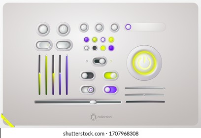 Collection of light plastic buttons and sliders. Realistic style. Isolated background. UI set for internet site, web design, app, player or phone. Vector illustration.