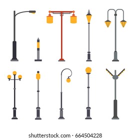 Collection of light posts. Vector flat illustration