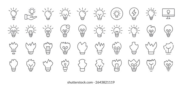 Coleção de Ícones de Linha Relacionados à Luz. Lâmpadas e sinais de contorno de lâmpadas quebradas para design gráfico e Web, aplicativos, anúncios, várias cartas 