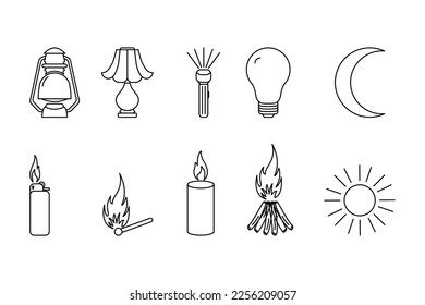 collection of Light source line icons, various light source line icons, candle icon, match, lantern, lamp, moon, sun, fire, light source flat icons