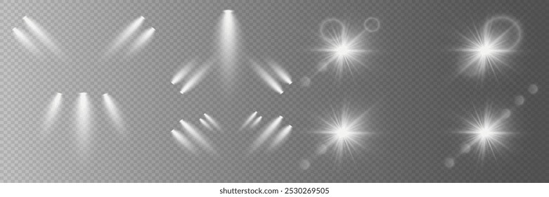 Collection of light spotlights and lights. Glowing stars and lens flare. On a transparent background.