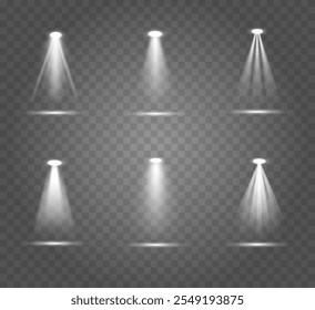Recolha de luzes de spot sobre fundo transparente. Efeito de iluminar a área de trabalho. Flashes de luz reais 