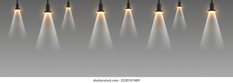 Collection of light spotlights and stage and podium lighting. On a transparent background.