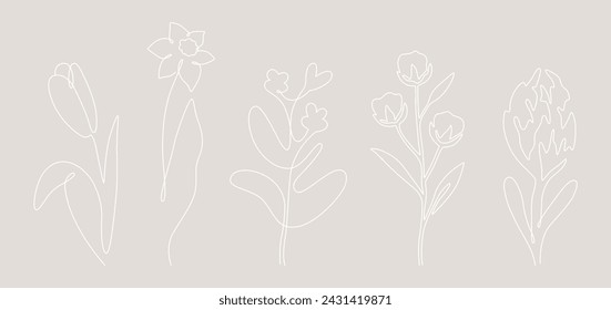 Colección de flores silvestres blancas claras. Arte de línea dibujada a mano floreciendo. Boda de flores silvestres elegantes para la invitación de guardar la tarjeta de la fecha. Vector verde de moda