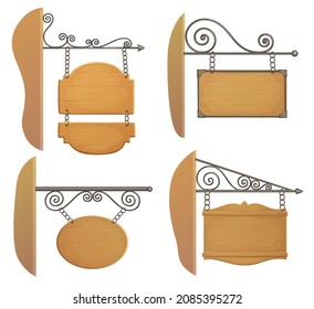 Collection of light wooden signs mounted to the wall cartoon vector illustration. Hanging on metal chains farm banners made of pine wood variations