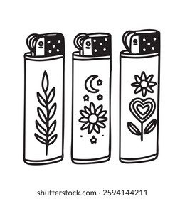 Collection of lighters in doodle style. Hand drawn vector art.