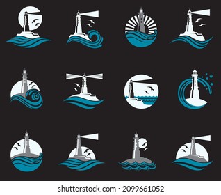 collection of lighthouse icon with ocean waves and seagulls isolated on black background
