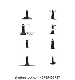 Collection of lighthouse icons, maritime beacons, navigational aids. Sea and coast symbols.