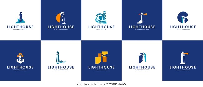 collection of lighthouse logos, symbols marking land, sea, light, warning, vector graphics