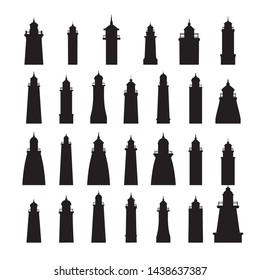 Collection of lighthouse silhouettes isolated on white background. Design elements for travel booklets, leaflets or stickers.