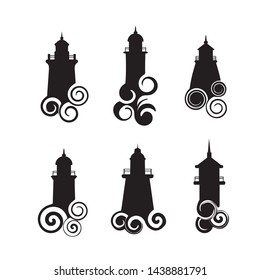 Collection of lighthouse silhouettes isolated on white background. Design elements for travel booklets, leaflets or stickers.