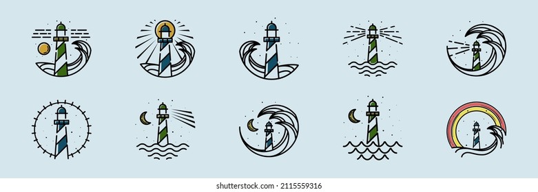 Collection of Lighthouse Vector Illustration Logo Design. Wave and lighthouse icon in set. Ocean, Wave, Night and Lighthouse Logo Concept Inspiration. Modern and Minimalist Nautical Creative Logo