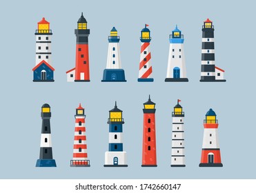 Collection of Lighthouses. Flat beacon navigation set. Vector water Light Houses clip art.