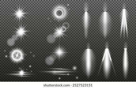 Een verzameling lichteffecten. Hoogtepunten, schitteringen, schittering in de zon, lijnen, vonken en schijnwerpers op een transparante achtergrond. Vectorillustratie.
