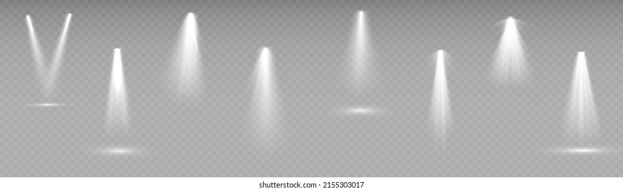 Collection of lighting for stage and presentations, transparent effects. Bright lighting with spotlights. Vector