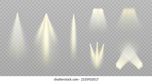 Collection of lighting for stage and presentations, transparent effects. Bright lighting with spotlights. Vector