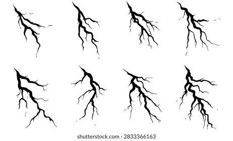 Collection of lightning bolt fragments displayed on a plain white background, illustrating natural electrical discharges and energy patterns.