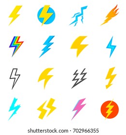Collection of lightnings of various form. Lightning icon set. Isolated vector illustration