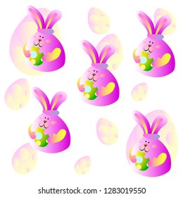 Collection of lilac Easter hares with an egg in its paws. Easter. Beautiful easter background. vector illustration