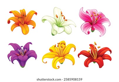 Collection of lilies in various colors. Vector cartoon illustration