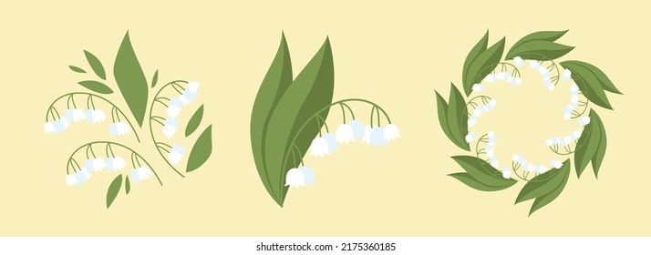 Collection Lily of the valley on an isolated background. Vector flat illustration of summer flower. 