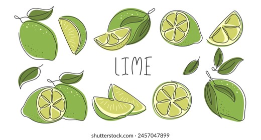 Kollektion von Limetten ganz, halb, in Scheiben, Stück. Abstrakte durchgehende Linie gezeichnet grüne tropische Zitrusfrüchte auf Weiß isoliert. Kalk für verschiedene Designs. Gesunde Vitaminnahrung