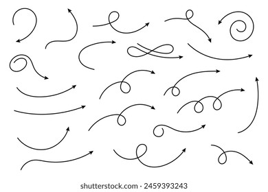 Collection of line arrows. Set simple curved hand drawn arrows. Collection of pointers.