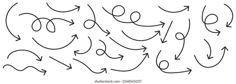 Collection of line arrows. Set simple curved hand drawn arrows. Collection of pointers.