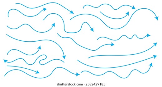 Collection of line arrows. Set simple curved hand drawn arrows. Collection of pointers. Arrow icon in hand drawn style. Handmade doodle vector illustration on isolated background. Cursor pointer sign 